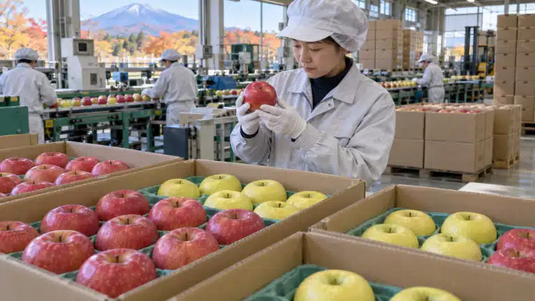 AI illustration of Japanese apple sorting and packing for supermarket buyers