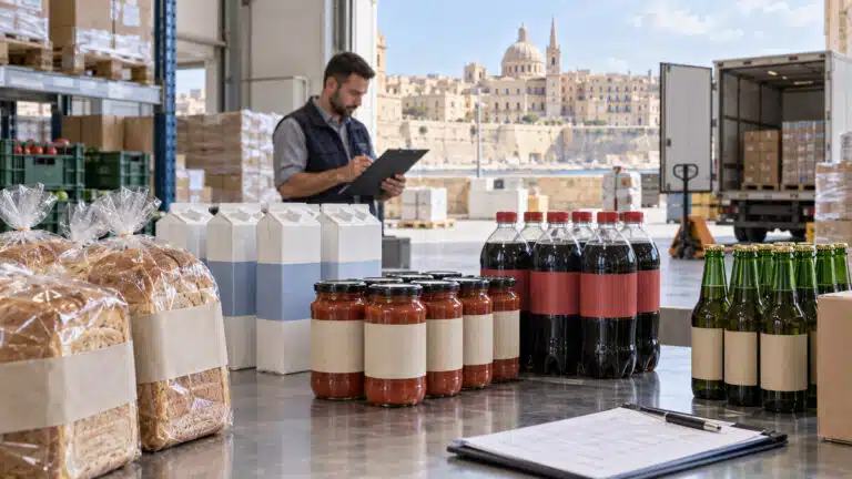 Packaged bread, dairy products, sauces and beverages at a distribution depot
