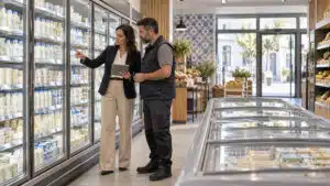 AI illustration of a supermarket manager and technician reviewing refrigerated cabinets in Portugal