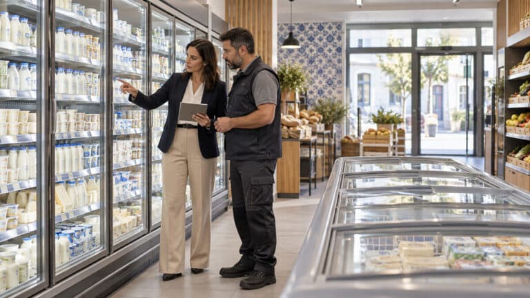 AI illustration of a supermarket manager and technician reviewing refrigerated cabinets in Portugal