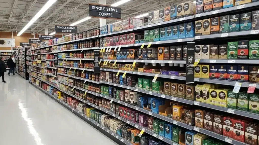 Coffee products displayed in a supermarket aisle