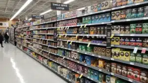 Coffee products displayed in a supermarket aisle