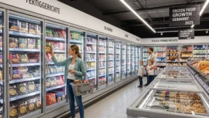 Frozen food products displayed in a supermarket freezer aisle