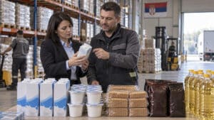 Illustration of grocery buyers inspecting dairy, biscuits, coffee and edible oil in a Serbian warehouse