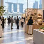 Illustration of buyers exploring food, bakery and seafood stands at a Singapore trade exhibition