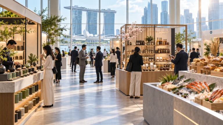 Illustration of buyers exploring food, bakery and seafood stands at a Singapore trade exhibition