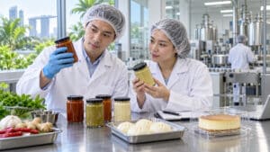 Food technologists assessing sauce samples alongside steamed buns and a packaged cake in a development kitchen