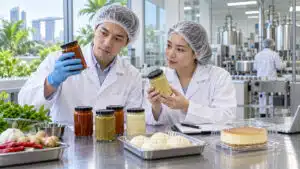 Food technologists assessing sauce samples alongside steamed buns and a packaged cake in a development kitchen