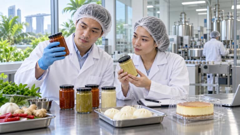 Food technologists assessing sauce samples alongside steamed buns and a packaged cake in a development kitchen