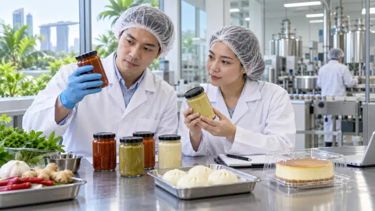 Food technologists assessing sauce samples alongside steamed buns and a packaged cake in a development kitchen