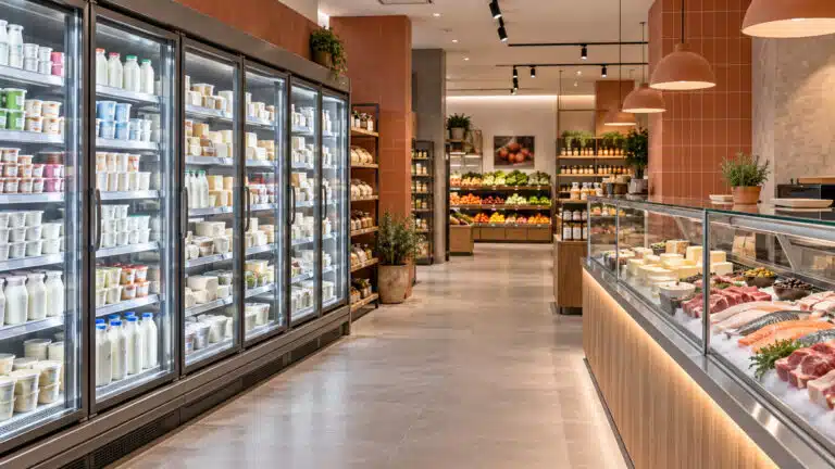 Illustration of glass-door refrigeration cabinets and a fresh-food counter in a Spanish supermarket setting