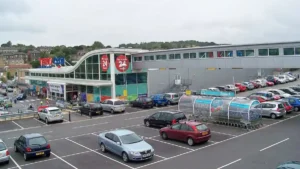Tesco store and pedestrian footbridge in Batley