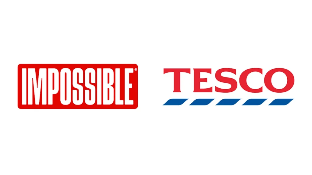 Impossible Foods and Tesco logos on a white background