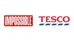 Impossible Foods and Tesco logos on a white background