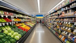 US supermarket aisle with grocery price tags