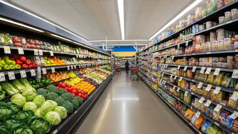US supermarket aisle with grocery price tags