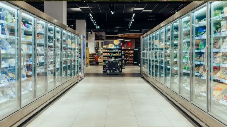 US supermarket grocery aisle with refrigerated food