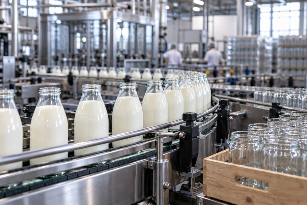 Glass milk bottles and food jars on a dairy packaging production line
