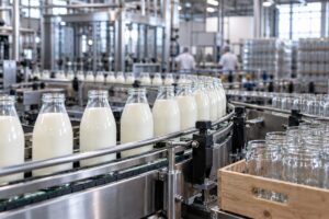 Glass milk bottles and food jars on a dairy packaging production line