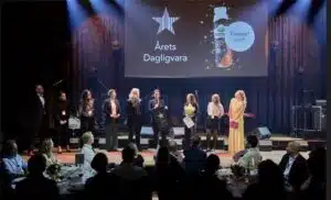 People stand on stage beneath a screen showing Arla Protein Chocolate Milk Drink as the 2026 winner.