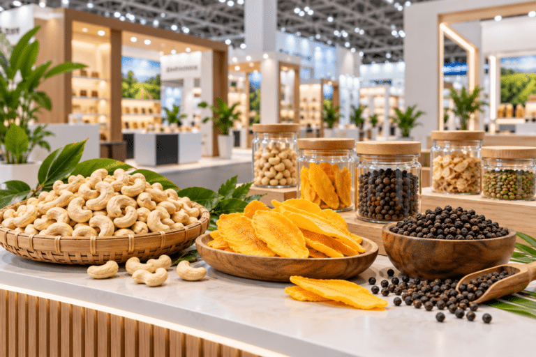 Cashew nuts, dried mango slices and black pepper displayed on a counter in an exhibition hall.