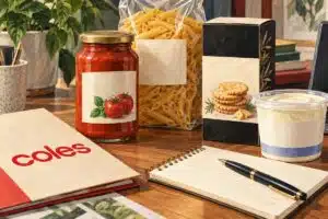 Illustration of packaged pasta, tomato sauce, biscuits and a dairy tub beside a Coles folder and notebook