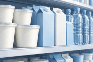 Illustration of unbranded yoghurt tubs, drink cartons and water bottles on shelves