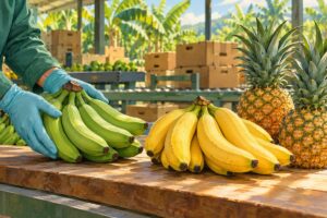 Illustration of gloved hands inspecting green bananas beside ripe bananas and pineapples at a packing bench