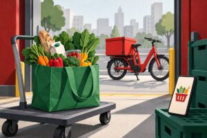 Illustration of a grocery bag on a trolley, a red cargo bicycle and a smartphone displaying a grocery basket