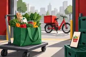 Illustration of a grocery bag on a trolley, a red cargo bicycle and a smartphone displaying a grocery basket