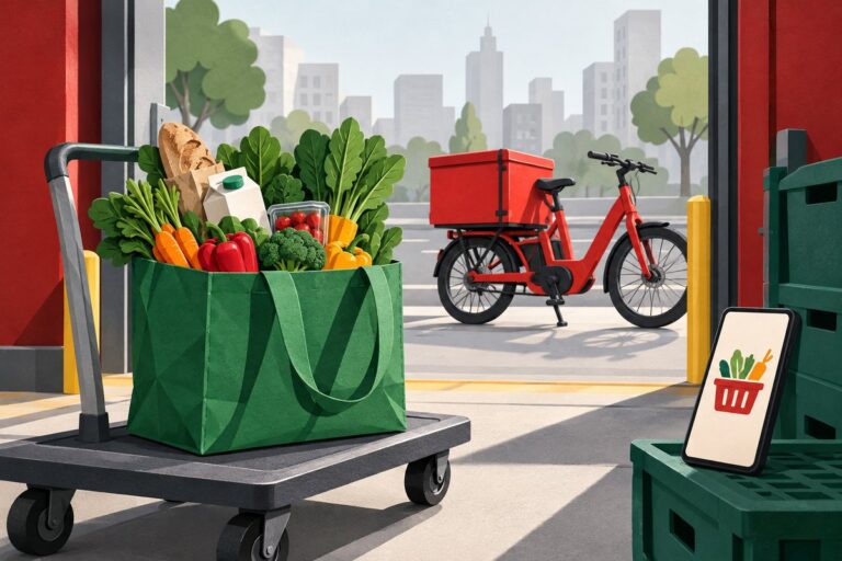Illustration of a grocery bag on a trolley, a red cargo bicycle and a smartphone displaying a grocery basket