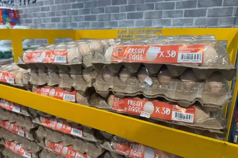 Egg trays and frozen chicken products at FairPrice
