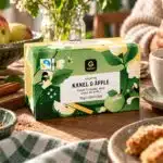Garant cinnamon and apple tea box with Fairtrade mark beside a cup of tea, apples and cinnamon sticks.
