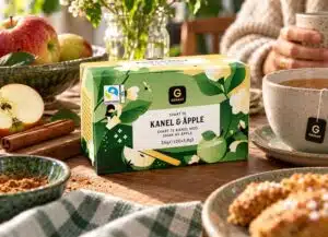 Garant cinnamon and apple tea box with Fairtrade mark beside a cup of tea, apples and cinnamon sticks.