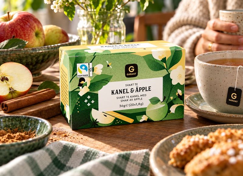 Garant cinnamon and apple tea box with Fairtrade mark beside a cup of tea, apples and cinnamon sticks.