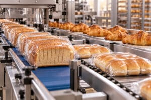 Packaged bread and croissants on bakery conveyor belts