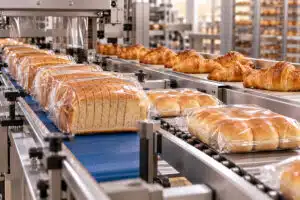 Packaged bread and croissants on bakery conveyor belts