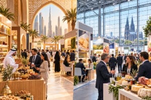 Illustrated food exhibition halls inspired by Dubai and Cologne