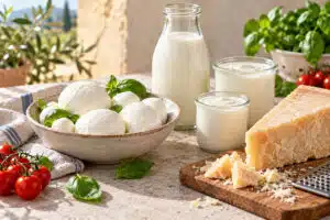 Milk, yogurt, mozzarella and hard cheese on a stone table