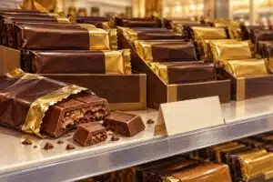 Illustration of wrapped chocolate bars and an opened chocolate bar on a supermarket shelf