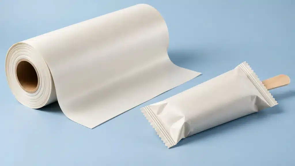 Paper roll beside a wrapped ice cream bar