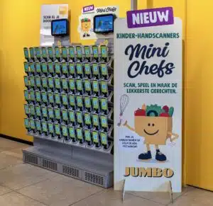 Handheld scanner rack beside a Jumbo Mini Chefs children’s scanner sign
