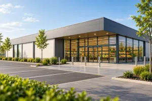 Modern supermarket building with a glass entrance, empty parking spaces and landscaped borders.