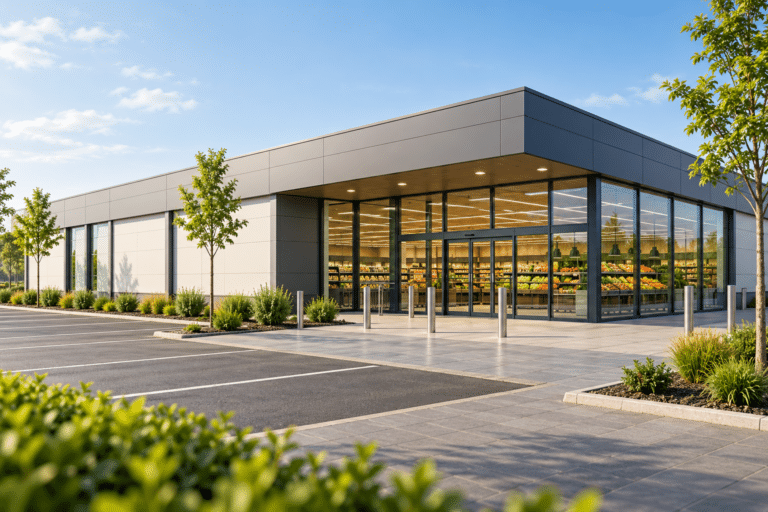 Modern supermarket building with a glass entrance, empty parking spaces and landscaped borders.