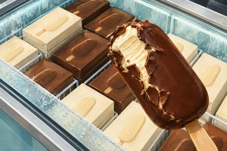 Illustration of a chocolate-coated vanilla ice cream bar above boxed ice creams in a freezer