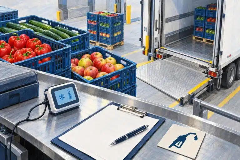 Illustration of produce crates, a refrigerated lorry, temperature monitor and dispatch paperwork