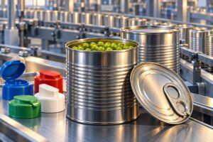 Illustration of steel food cans, an open can of peas, a ring-pull lid and coloured dispensing caps