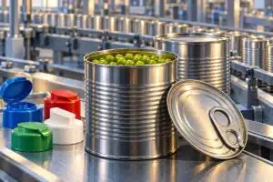 Illustration of steel food cans, an open can of peas, a ring-pull lid and coloured dispensing caps