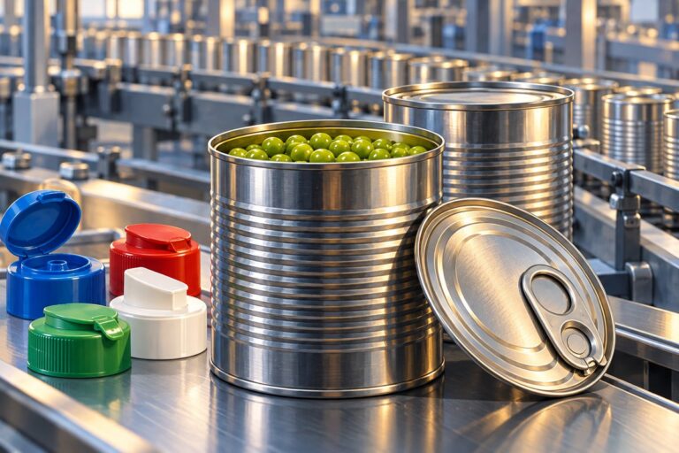 Illustration of steel food cans, an open can of peas, a ring-pull lid and coloured dispensing caps