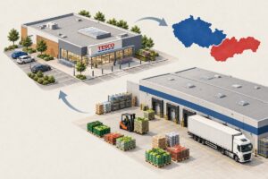 Illustration of a Tesco store, distribution centre, lorry and Czech and Slovak map shapes